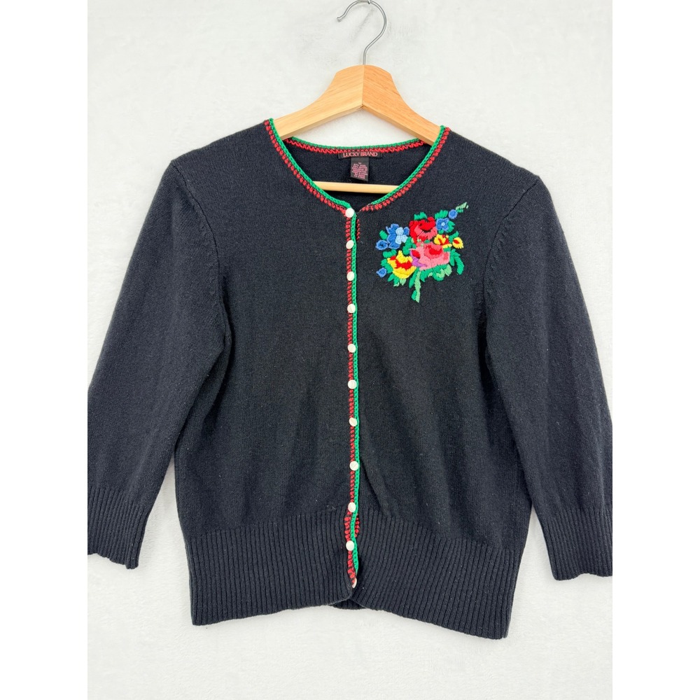 Y2K Lucky Brand Black Wool Cotton Floral Embroidered Cardigan Sweater L Twee